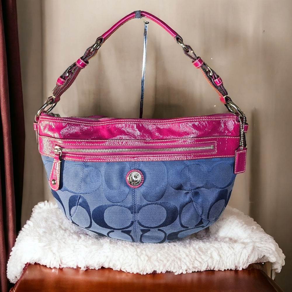 Coach LAURA Signature Hobo Purse F14938 MAGENTA & BLUE Shoulder Bag ~Rare - Picture 3 of 9